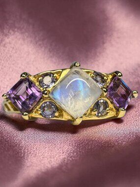 Moonstone Amethyst & Tanzanite Ring 10K Gold Size 8 Vintage Fairytale Ring -2.3g